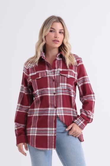 Camisa Xadrez Bolsos Com Lapelas Feminino Revanche Índia VERMELHO