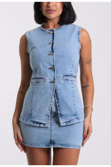 Colete Jeans Feminino Com Pences Revanche - CO.FEM.00029 AZUL
