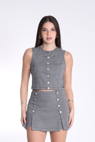 Colete Cropped Estampado Pied De Poule Feminino Revanche Aruba PRETO BRANCO