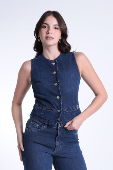 Colete Jeans Com Pence Bolso Embutido Feminino Revanche Polinésia UNICA