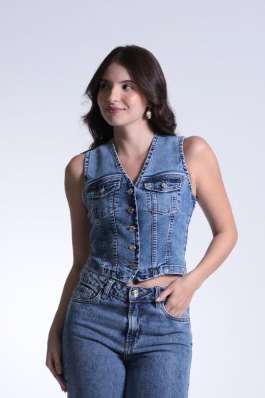 Colete Jeans Com Recortes e Ajuste Nas Costas Feminino Revanche Francesa UNICA