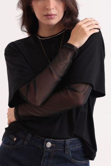 Camiseta Oversized Manga Longa De Tule Feminino Revanche Quênia PRETO