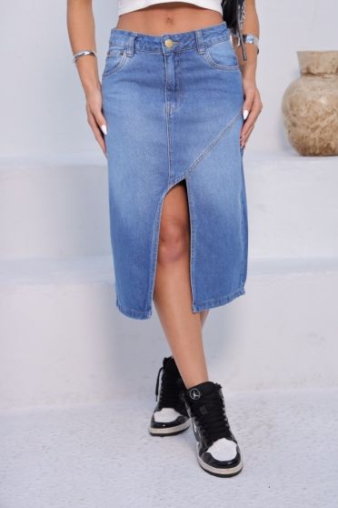 Saia jeans midi com fenda frontal feminina Revanche Detva Azul