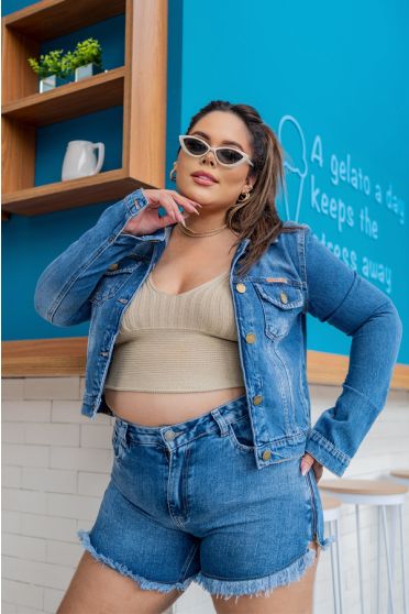 Jaqueta Jeans Curvy Básica Feminina Revanche Korce Azul