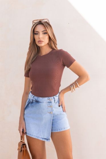 Blusa Cropped Canelado Feminina Revanche Gibara MARROM ESCURO