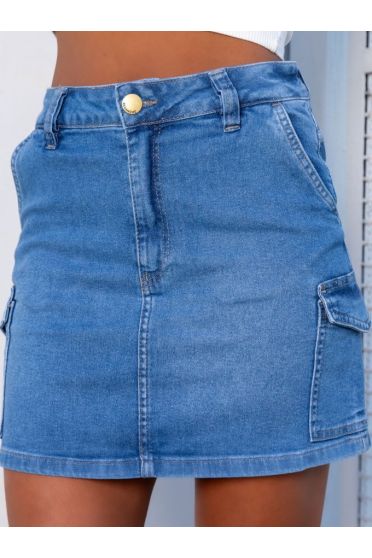 Mini saia jeans com bolso cargo feminina Revanche Alborg Azul