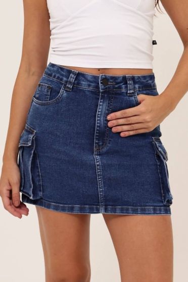 Mini Saia Jeans Bolso Cargo Feminino Revanche Geovanna UNICA