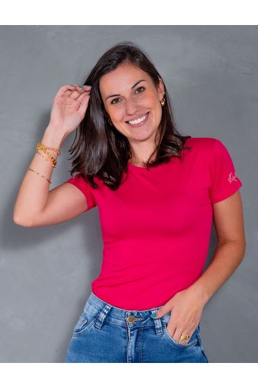 Blusa Baby Look Basica Manga Curta Feminina Revanche Sylfaenol ROSA CHOQUE