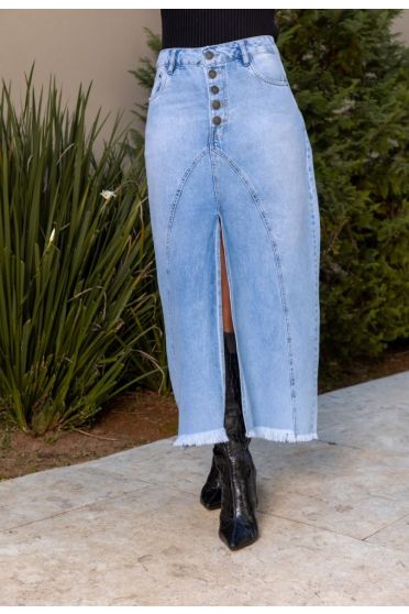 Saia jeans longa com fenda feminina Revanche Vejle Azul