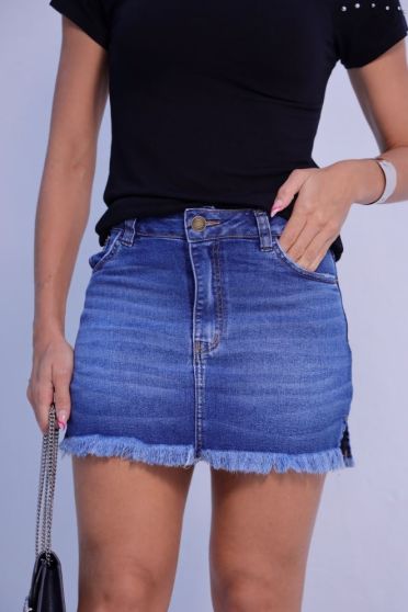 Saia Shorts Jeans Com Barra Desfiada Feminina Revanche Bayeux Azul