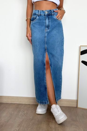 Saia Jeans Longa Com Abertura Na Frente Feminino Revanche Hatra UNICA