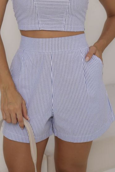 Shorts Alfaiataria Listrado Com Cós De Elástico Feminino Revanche Piura AZUL