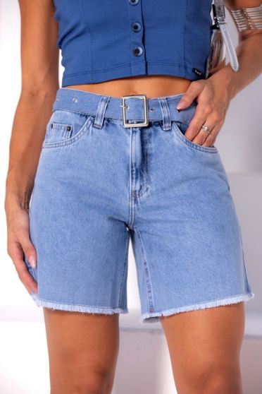 Shorts Jeans Boyfriend Meia Coxa Com Cinto Feminino Revanche Balama AZUL 