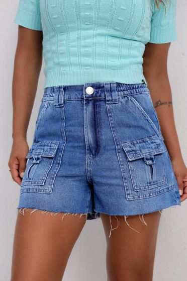 Shorts Jeans Cargo Com Elastico Na Cintura Feminina Revanche Tifra Azul