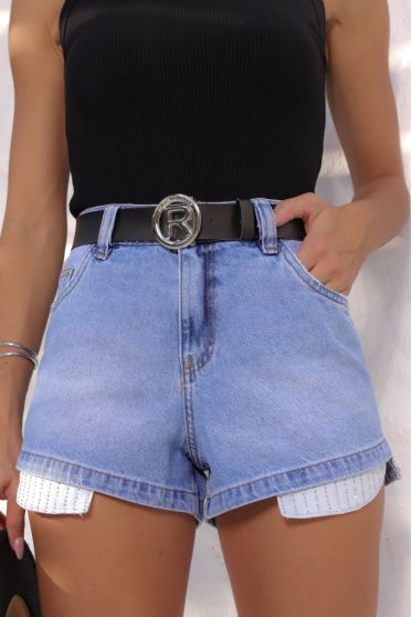 Shorts Jeans Com Cinto e Forro Aparente Com Detalhe Feminino Revanche Entiat Azul