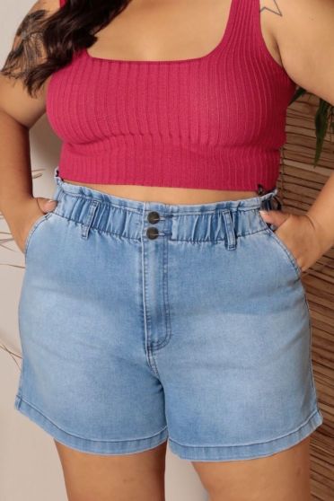 Shorts jeans com elástico no cós curvy feminino Revanche Ribeira Azul