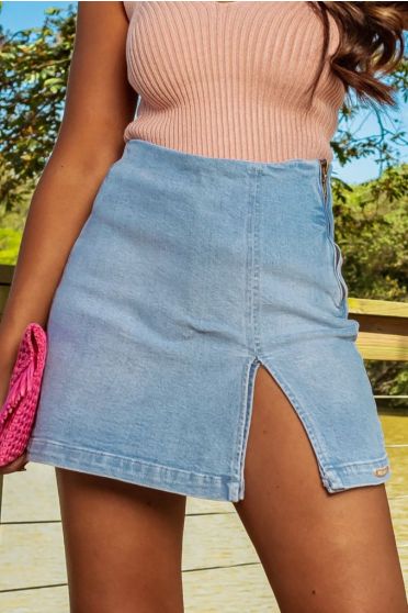 Shorts Saia Jeans Com Fenda Feminina Revanche Trakai Azul