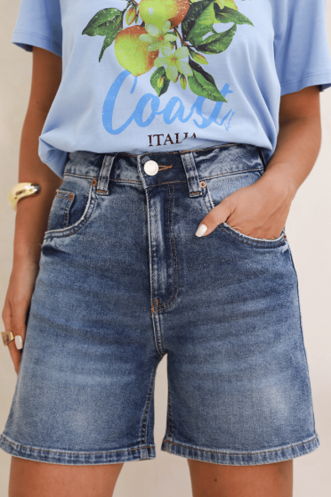 Shorts Jeans Cintura Alta 1/2 Coxa Feminino Revanche Albolote Azul