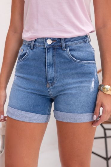 Shorts Jenas Cintura Alta com Barra Virada Feminino Revanche Kansas Azul