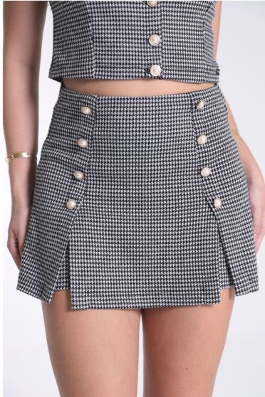 Shorts Saia Estampado Pied De Poule Feminino Revanche Gales PRETO BRANCO