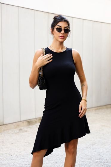 Vestido Manga Regata Com Babado Na Barra Feminino Revanche Lacónia PRETO