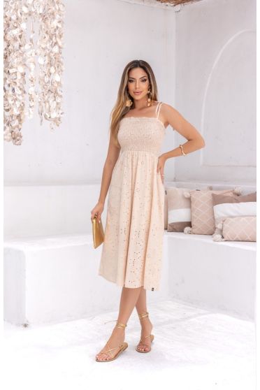 Vestido Midi Franzido Feminino Revanche Requínoa AREIA