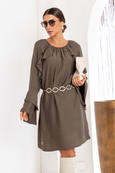 Vestido Amplo Manga Longa Com Babados Boho Feminina Revanche Eraclea VERDE MUSGO
