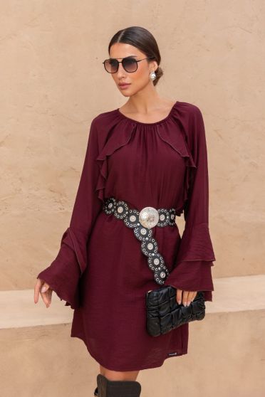 Vestido Amplo Manga Longa Com Babados Boho Feminina Revanche Eraclea VINHO