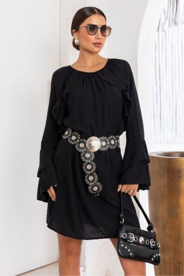 Vestido Amplo Manga Longa Com Babados Boho Feminina Revanche Eraclea PRETO