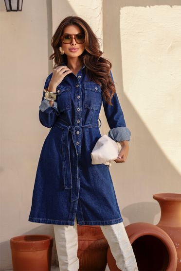 Vestido Jeans Manga Longa Com Cinto Feminina Revanche Cidônia UNICA