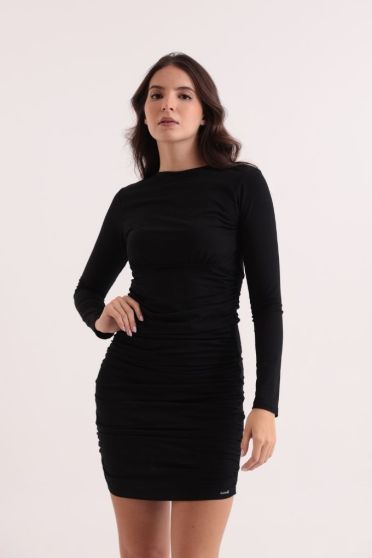 Vestido Manga Longa Com Franzido Feminino Revanche Somália PRETO