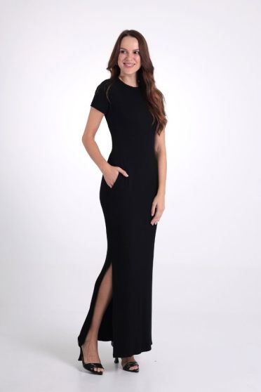 Vestido Longo com Bolsos e Fendas Laterais Revanche-VT.FEM.00055 PRETO