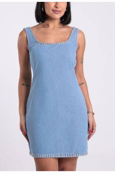 Vestido Jeans Curto Com Pedrarias Revanche VT.FEM.00062 AZUL