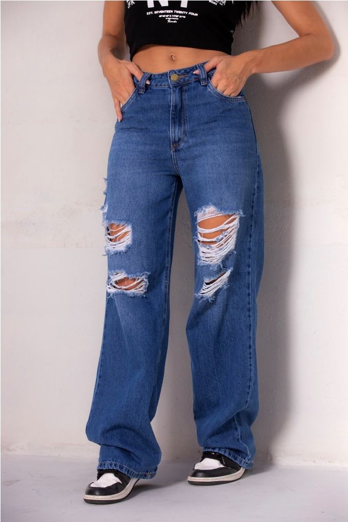 Calça Jeans Wide Leg Destroyed Feminina Revanche Benguela Azul