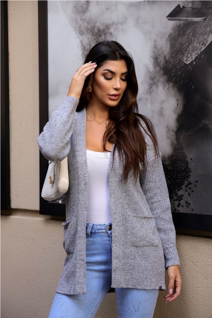 Cardigan Mescla Com Bolso Feminina Revanche Derdara MESCLA