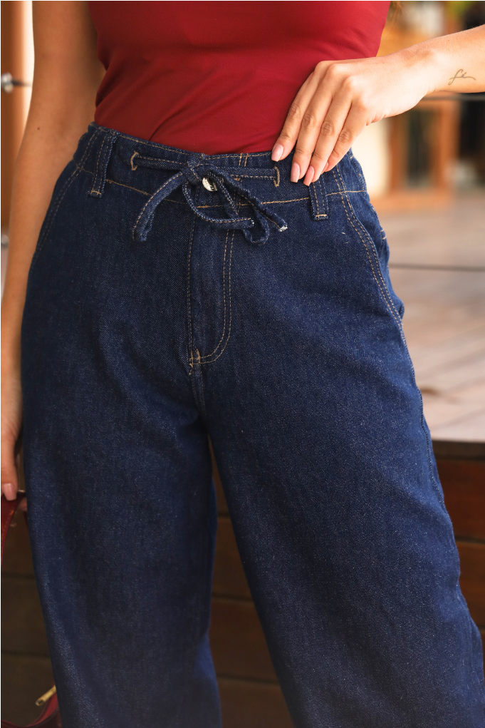 Calça Jeans Wide Leg Cos Com Elastico e Cordão Feminina Revanche