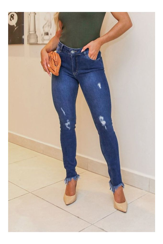 Calca Jeans Skinny Com Barra Desfiada e Ziper Feminina Revanche Negozi AZUL