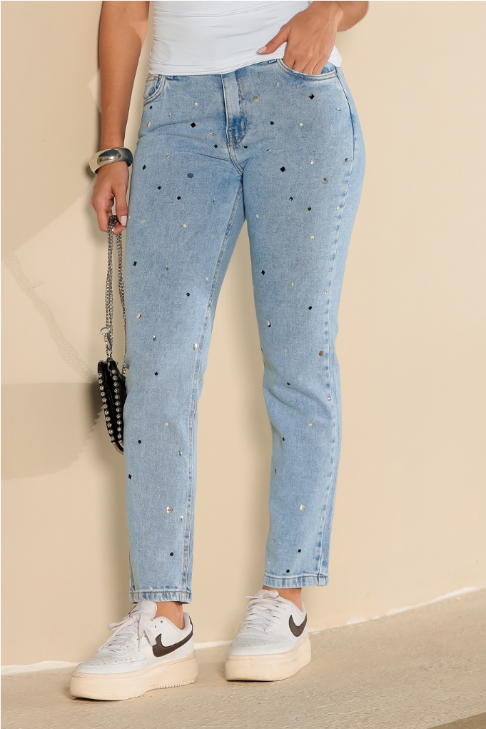 Calça Jeans Reta Com Pedraria Feminina Revanche Cotiora UNICA