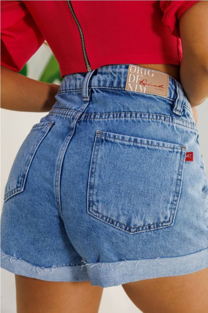Shorts Jeans Mom Barra A Fio Feminina Revanche Terjola Azul